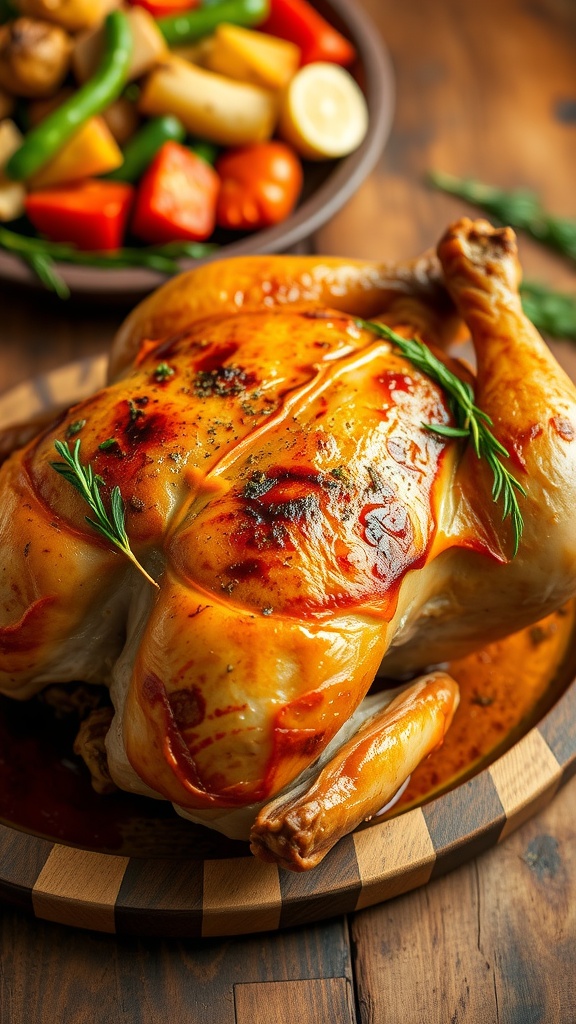 Roasted half chicken with crispy skin, garnished with herbs and lemon, served with roasted vegetables.